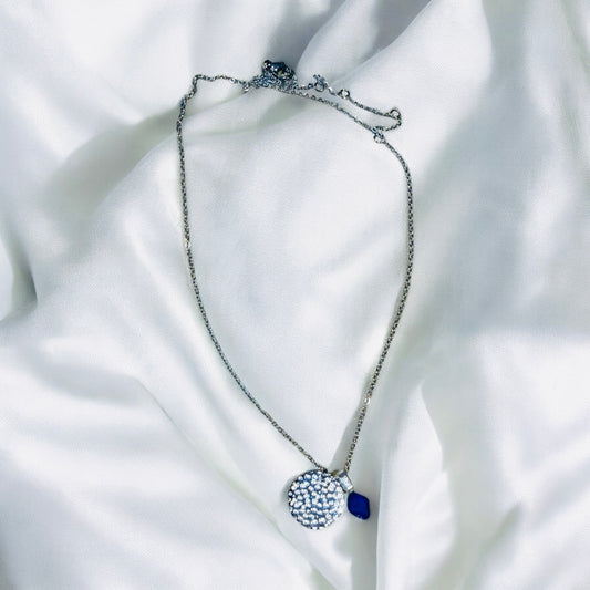 Hammered Disk Pendant Necklace with Sapphire Blue Sea Glass