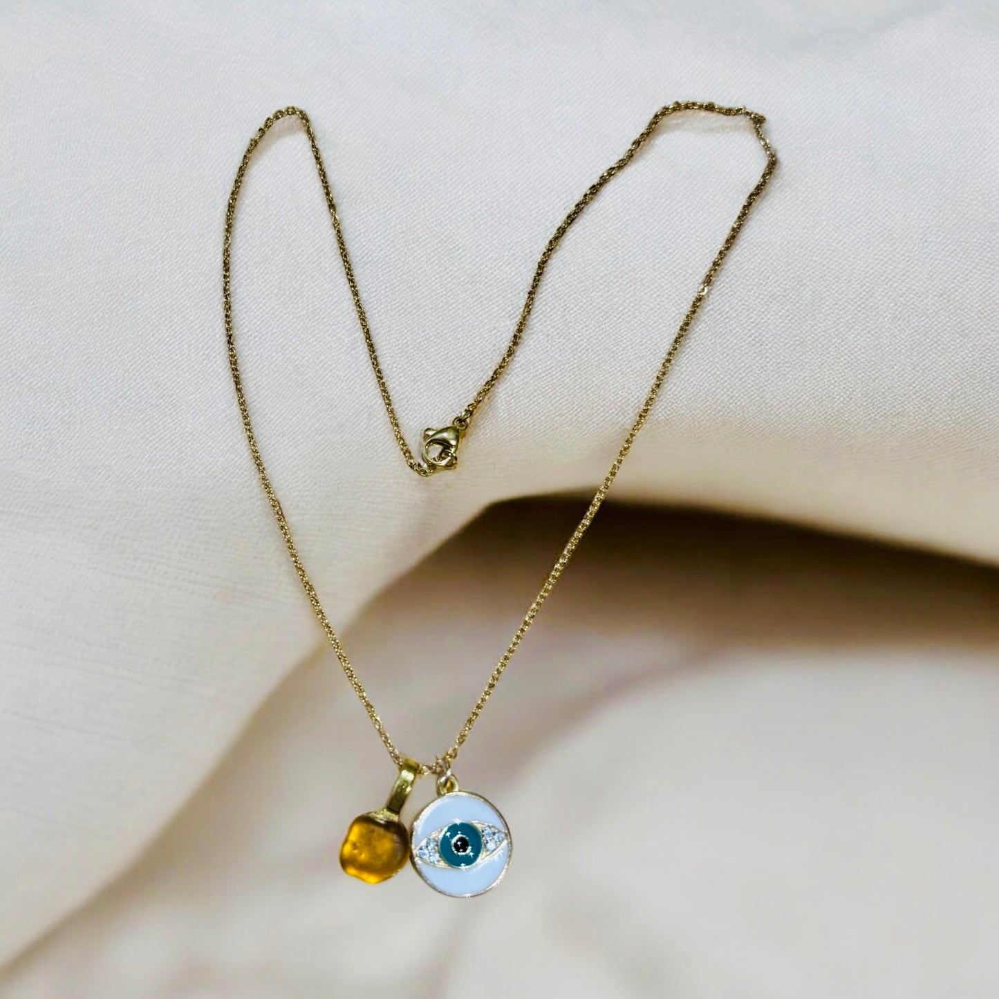 Sea Glass Necklace with Evil Eye Charm