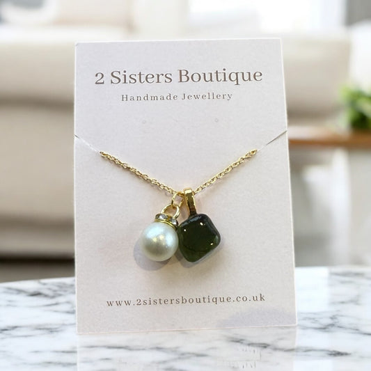 Green Sea Glass with Pearl Charm