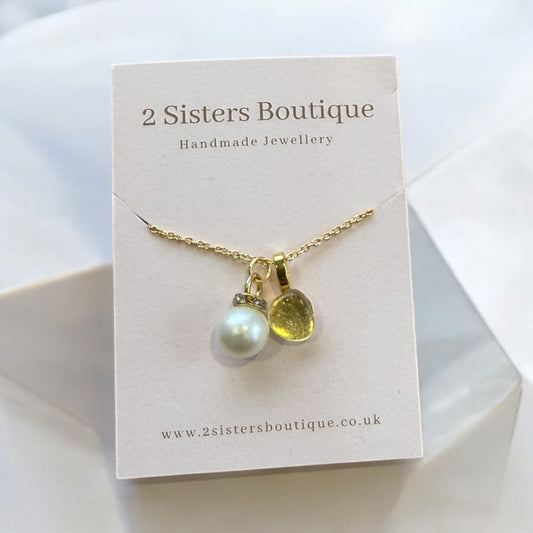 Sea Glass Necklace with Pearl Charm